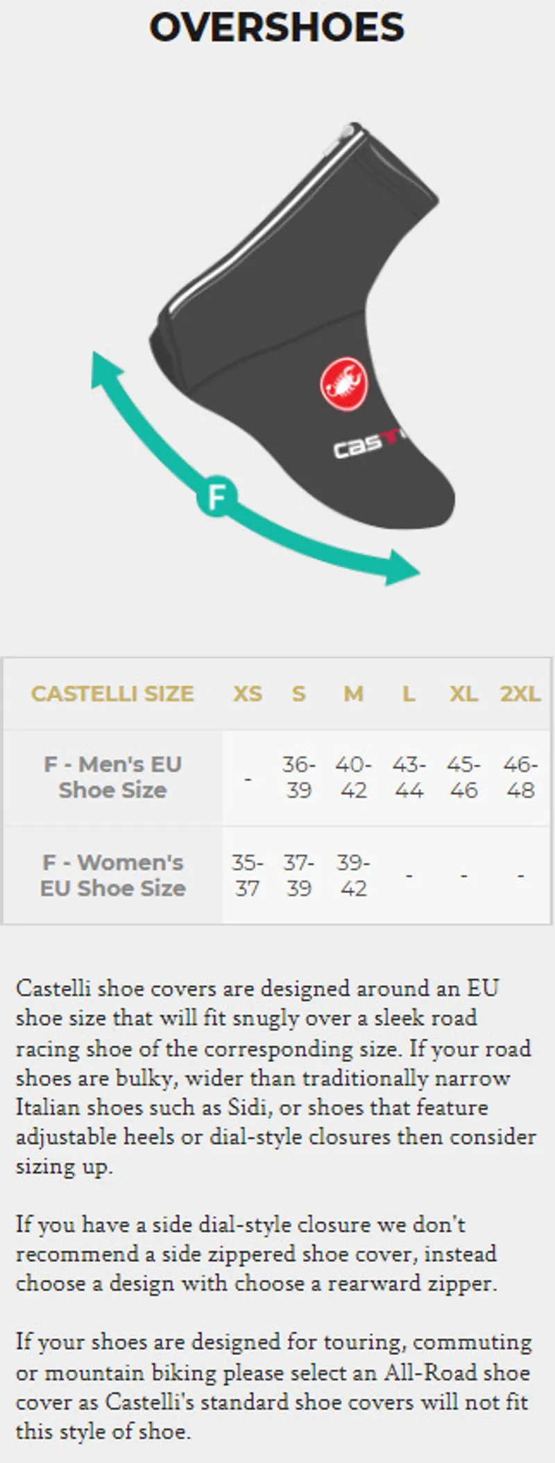 Castelli Overshoes Size Guide